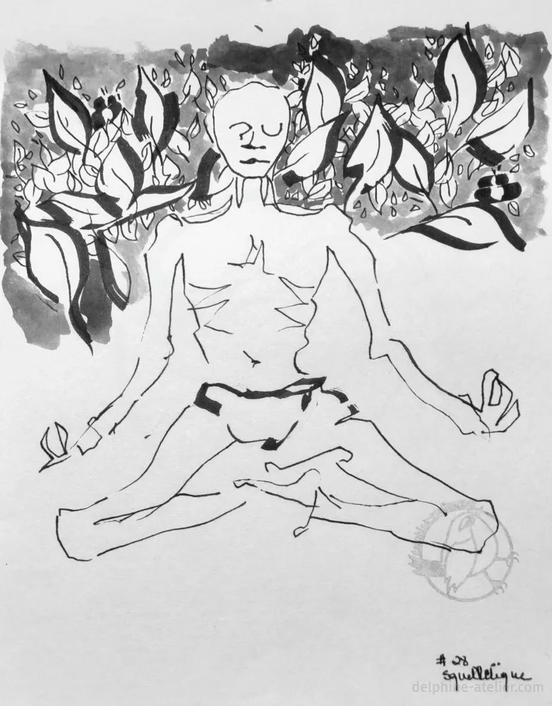 Un homme maigre comme en méditation avec un foisonnement de nature derrière lui