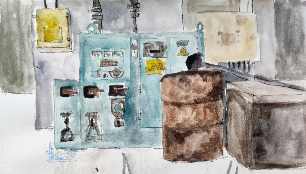 Plusieurs machines, un bidon rouillé, une très grosse louche à l'aquarelle