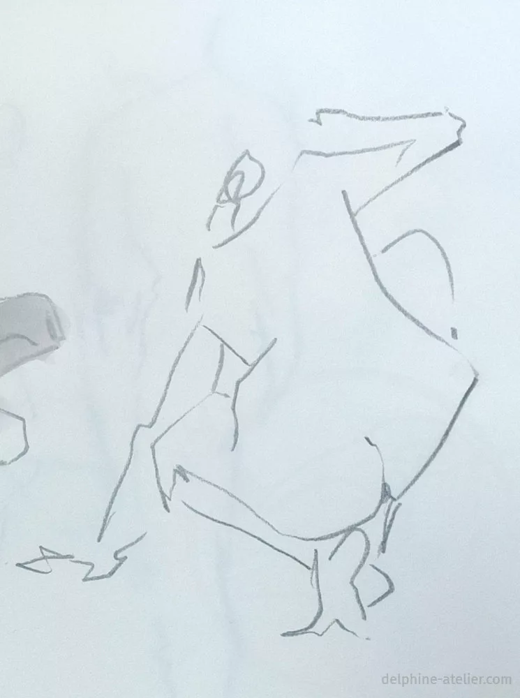 Croquis aux traits vifs et anguleux d'une femme accroupie de dos