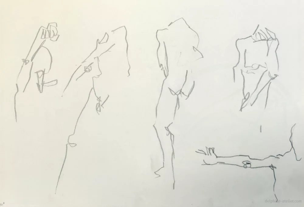 Cinq croquis filaires et noueux représentant des sections d'un corps en mouvement