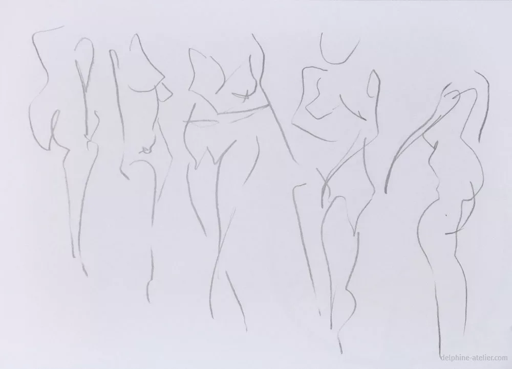 Planche de cinq croquis d'une femme debout dans différentes positions ; les croquis sont très filaires, la tête n'est suggérée que sur un seul