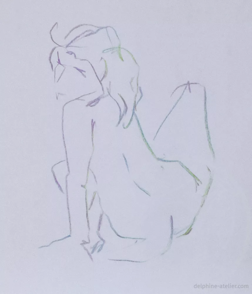 Croquis d'une femme nue assise au crayon de couleurs