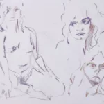 Trois croquis sur une même feuille : une femme assise nue et deux fois son visage, au crayon de couleurs