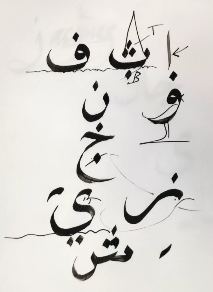 Une page avec des lettres arabes, parfois agrémentées de dessins donnant à la lettre une forme (oiseau, bateau)
