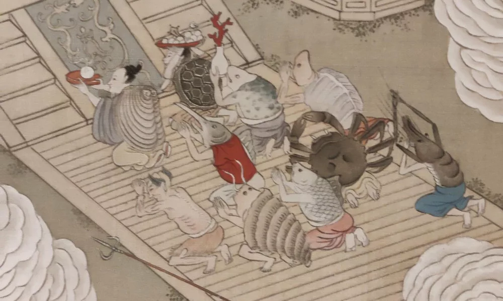 Gros plan sur des créatures en train de présenter des offrandes : poisson-homme, crevette-homme, tortue-homme, etc.