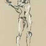 Croquis à l'encre noir et peinture blanche d'un homme nu, debout, tenant un objet sur le côté