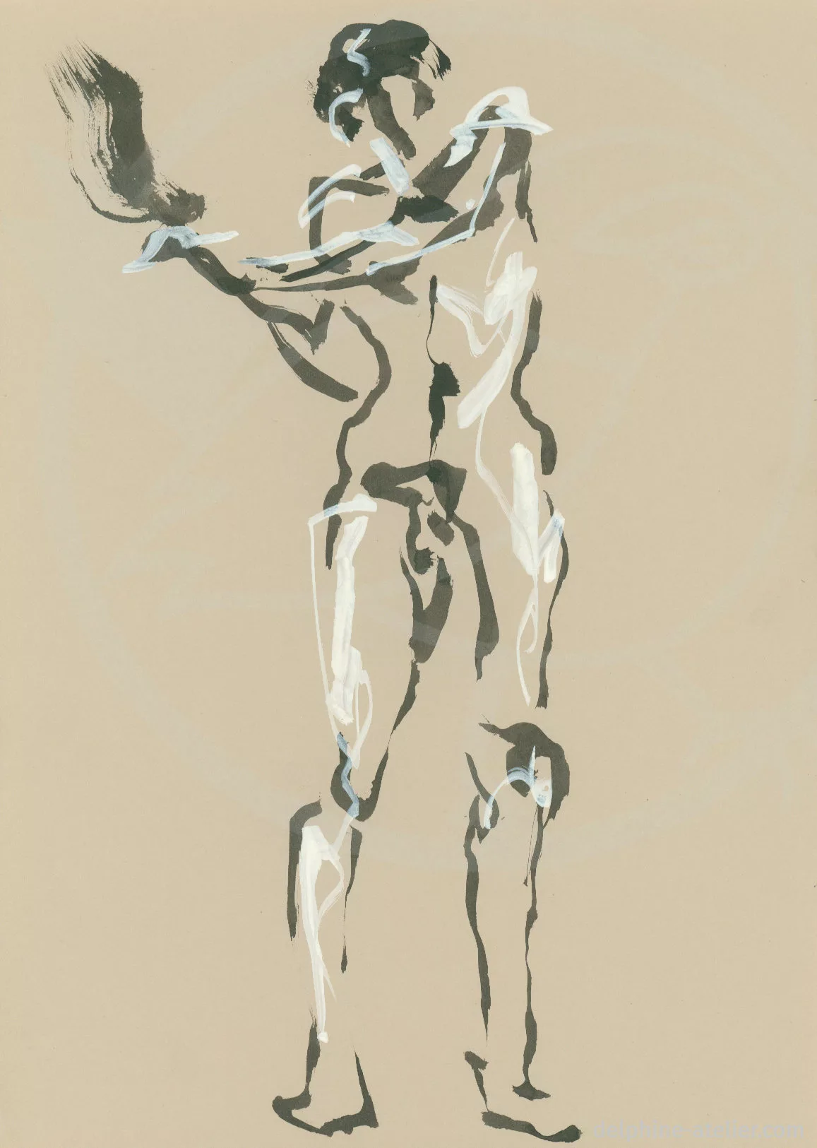 Croquis à l'encre noir et peinture blanche d'un homme nu, debout, tenant un objet sur le côté