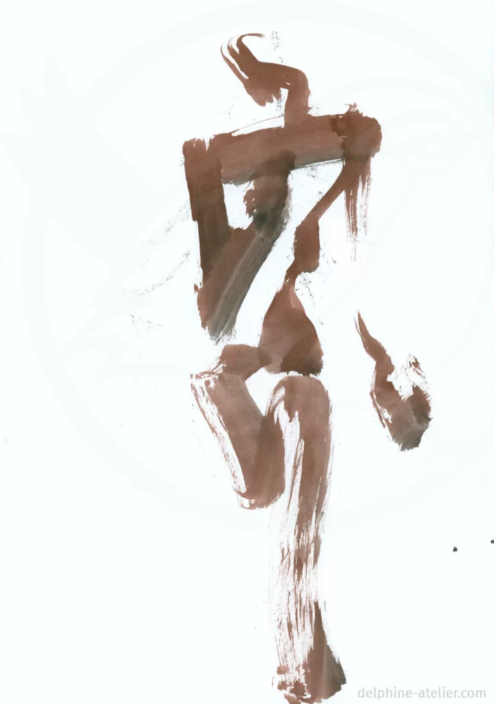 Croquis fait de quelques traces de pinceau représentant un homme debout en mouvement