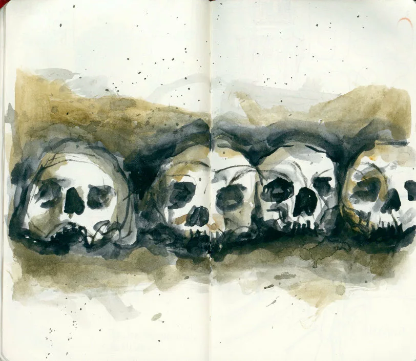 Dessin au feutre et à l'aquarelle représentant quatre crânes humains alignés