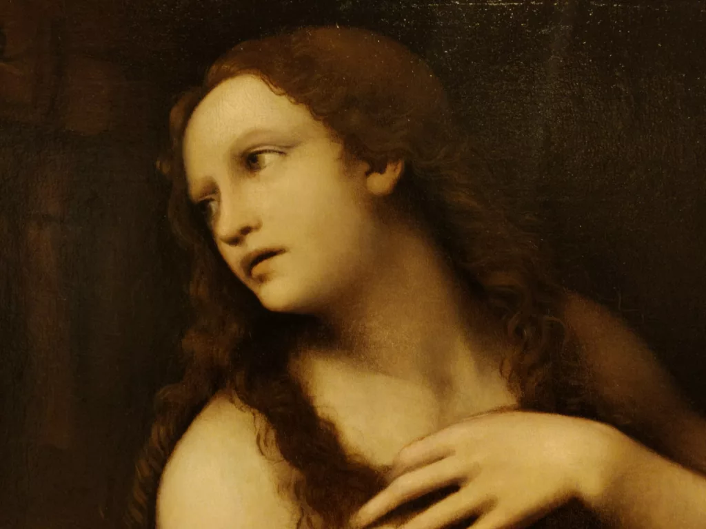 Peinture d'une femme en buste nue regardant vers l'extérieur