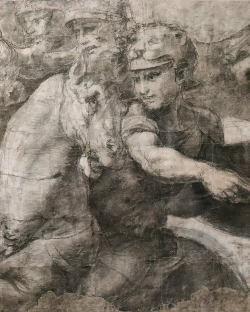 Dessin d'un homme portant un casque à tête de lion et de son cheval