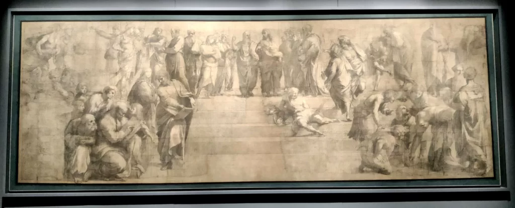 Carton encadré montrant une scène où divers personnages discutent entre-eux sur des marches