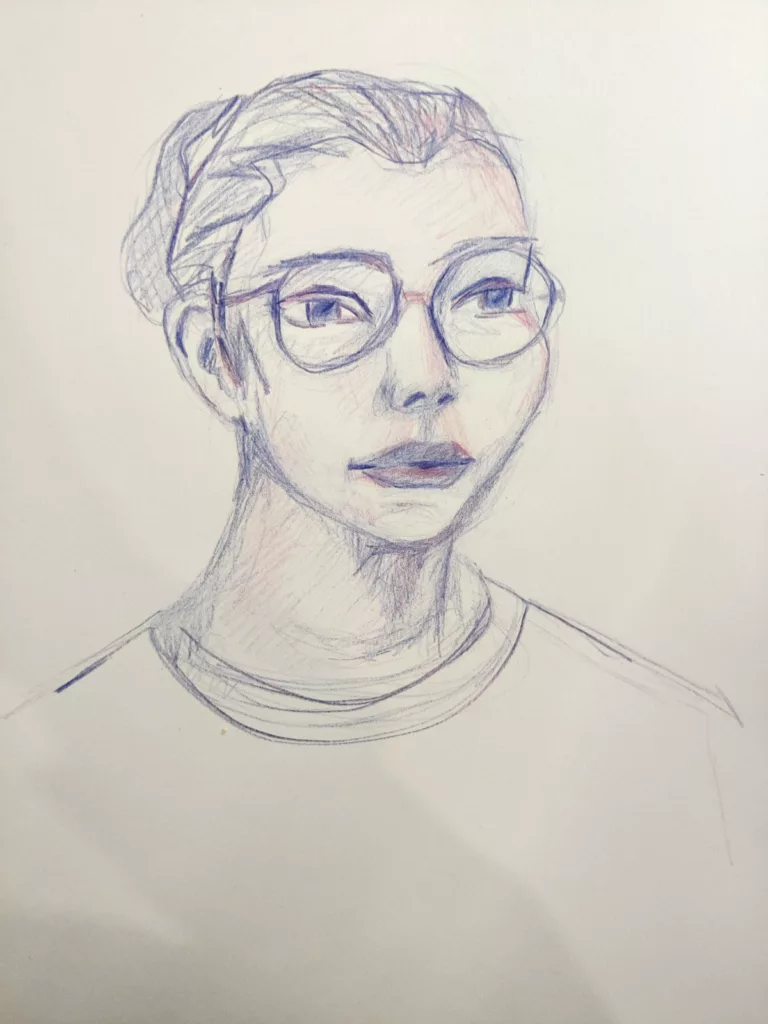 Portrait d'une jeune fille au crayon violet et rose