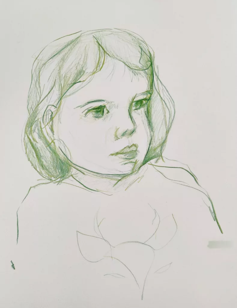 Portrait au crayon de couleur verte d'une enfant