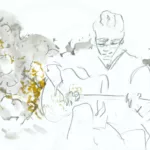 Dessin au crayon et à l'encre avec un guitariste et des traces variées (dans ma tête, la musique matérialisée)