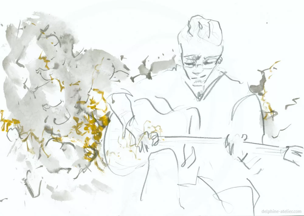 Dessin au crayon et à l'encre avec un guitariste et des traces variées (dans ma tête, la musique matérialisée)