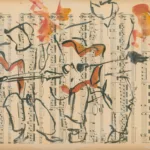 Dessin à l'encre et à la gouache de deux guitaristes sur papier de partition