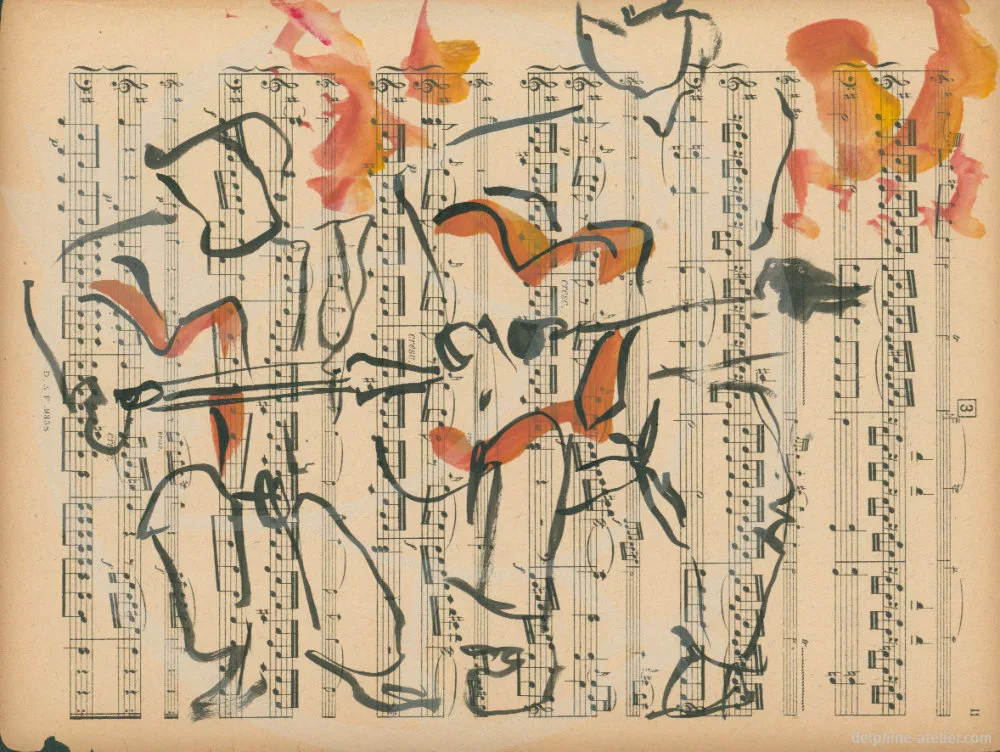 Dessin à l'encre et à la gouache de deux guitaristes sur papier de partition