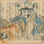 Dessin à l'encre et à la gouache d'un guitariste sur papier de partition