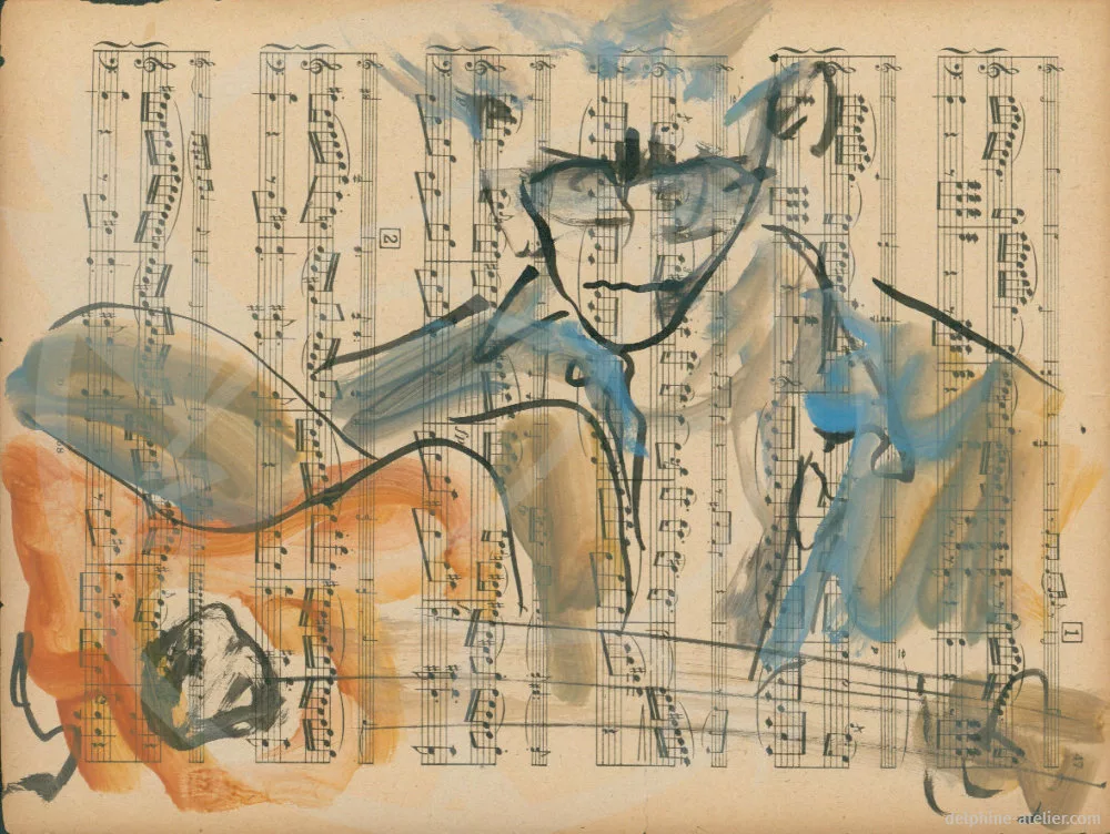 Dessin à l'encre et à la gouache d'un guitariste sur papier de partition