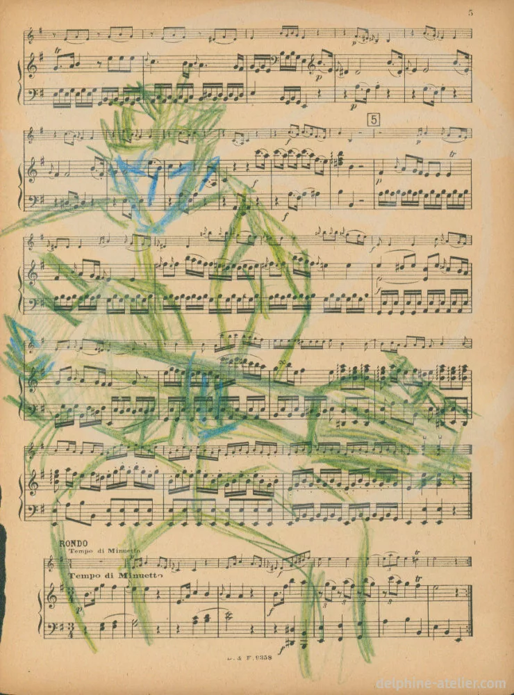 Dessin aux crayons de couleurs d'un guitariste sur papier de partition