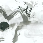 Dessin à l'encre noire d'une guitare et de traces variées (dans ma tête, la musique matérialisée)