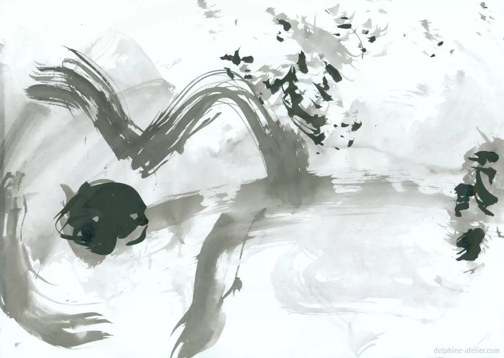 Dessin à l'encre noire d'une guitare et de traces variées (dans ma tête, la musique matérialisée)