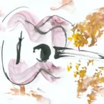 Dessin à l'encre et à la gouache d'une guitare et de traces variées (dans ma tête, la musique matérialisée)