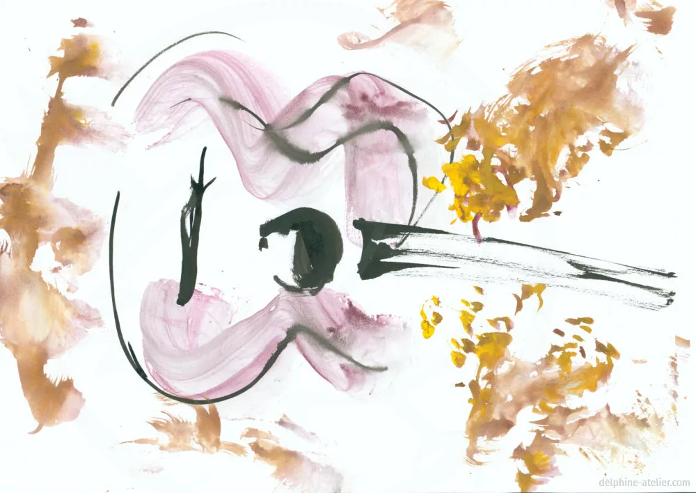 Dessin à l'encre et à la gouache d'une guitare et de traces variées (dans ma tête, la musique matérialisée)