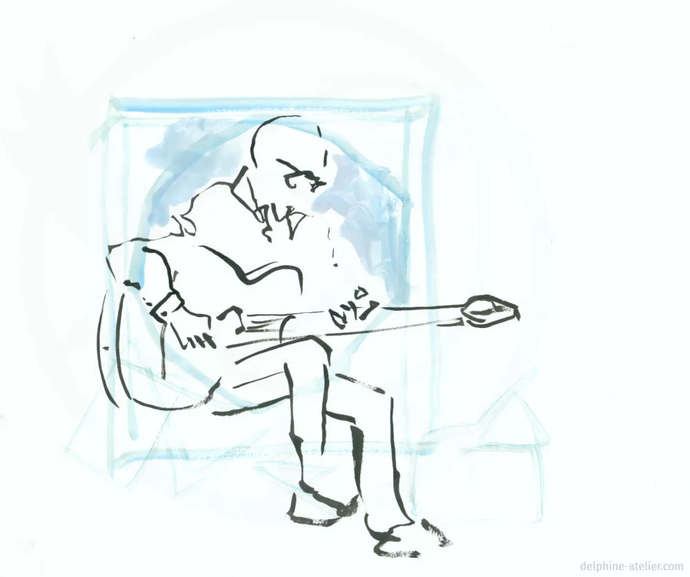 Dessin à l'encre d'un guitariste assis avec un fond géométrique en couleur