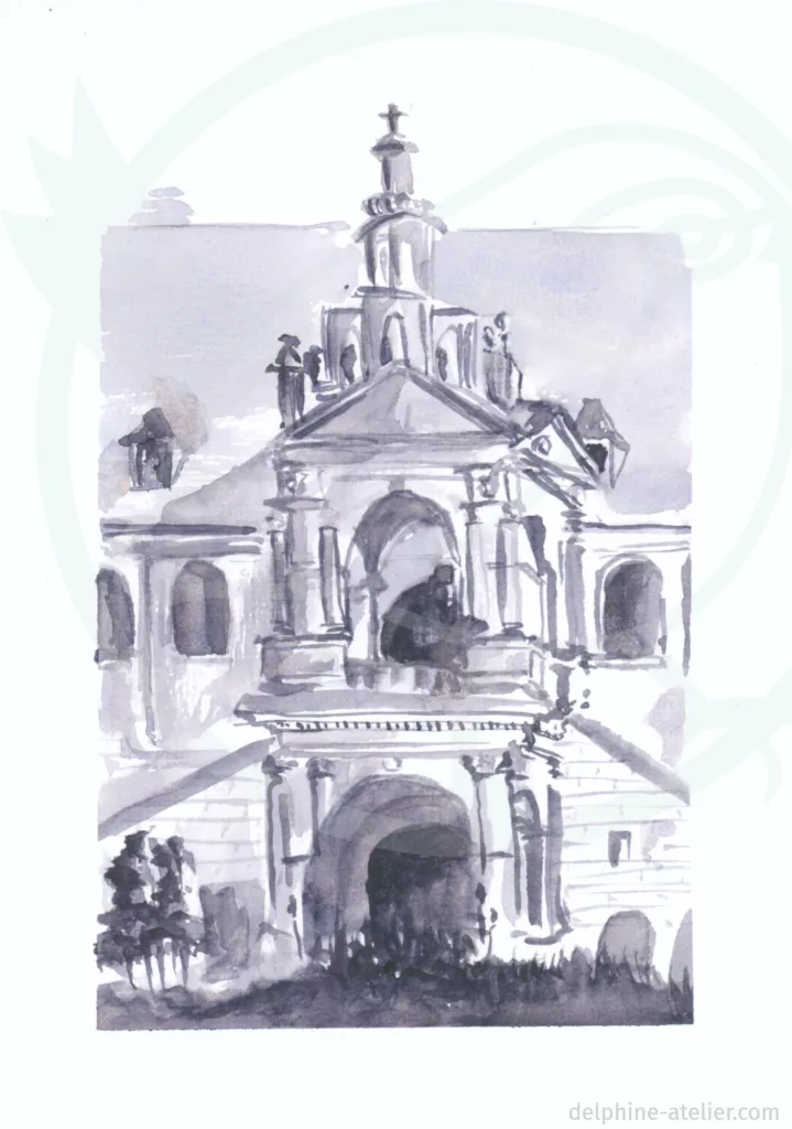 Croquis à l'aquarelle d'un bâtiment à colonnes, arcades, etc.