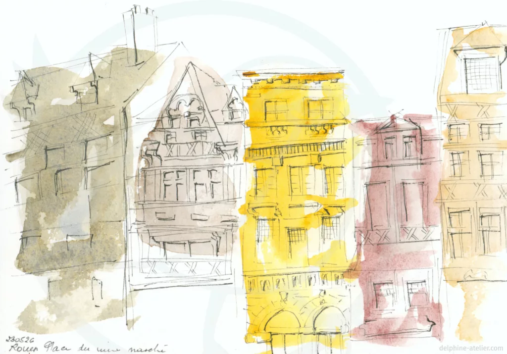 Croquis au trait de plusieurs bâtiments à colombage avec, pour chacun, une coloration rapide à l'aquarelle, une couleur par bâtiment