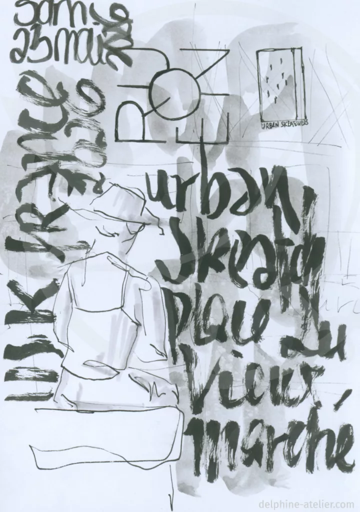 Croquis au trait d'une personne assise de dos avec des écriture au pinceau ("USK France", "sam 23 mai 2026", "urban skeatch place du vieux marché") et des logos (Rouen tourisme et Urban Sketchers)