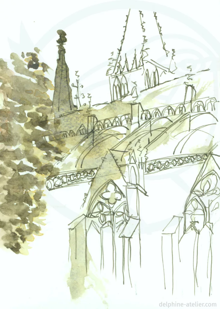 Croquis à l'encre et à l'aquarelle d'une architecture d'église gothique avec un petit peu de verdure. L'église est faite au trait avec une trace d'aquarelle de la même couleur que la végétation