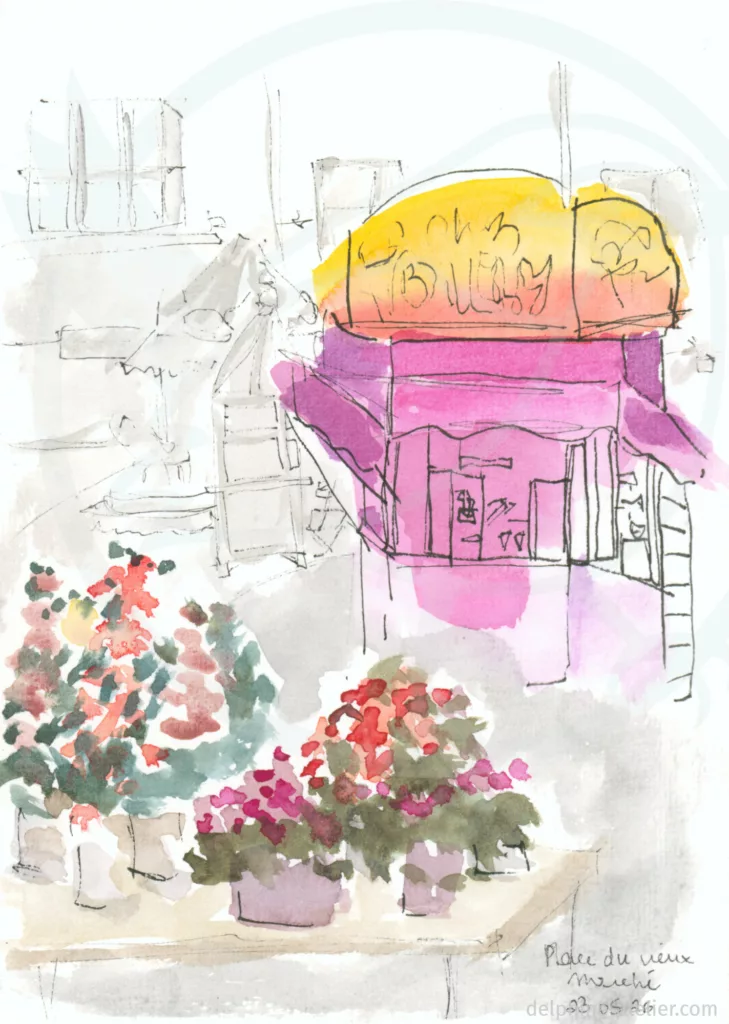 Croquis à l'aquarelle représentant un kiosque tout rose et quelques pots de fleurs