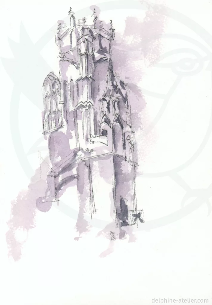 Croquis au stylo fin et à l'aquarelle représentant un détail architectural gothique
