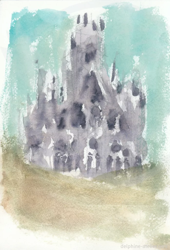 Croquis fait à l'aquarelle en taches représentant une église gothique