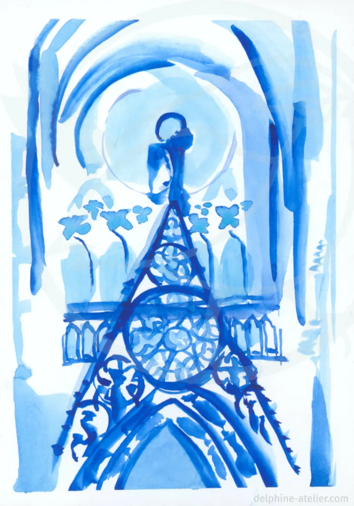 Croquis à l'aquarelle en camaïeu de bleus représentant le détail d'une architecture gothique d'église