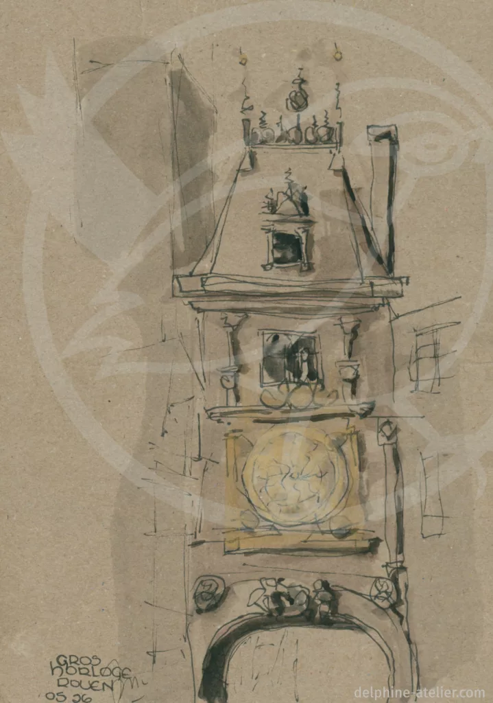 Croquis sur papier kraft/carton au stylo noir et à l'aquarelle, dont aquarelle dorée, d'une tour d'horloge