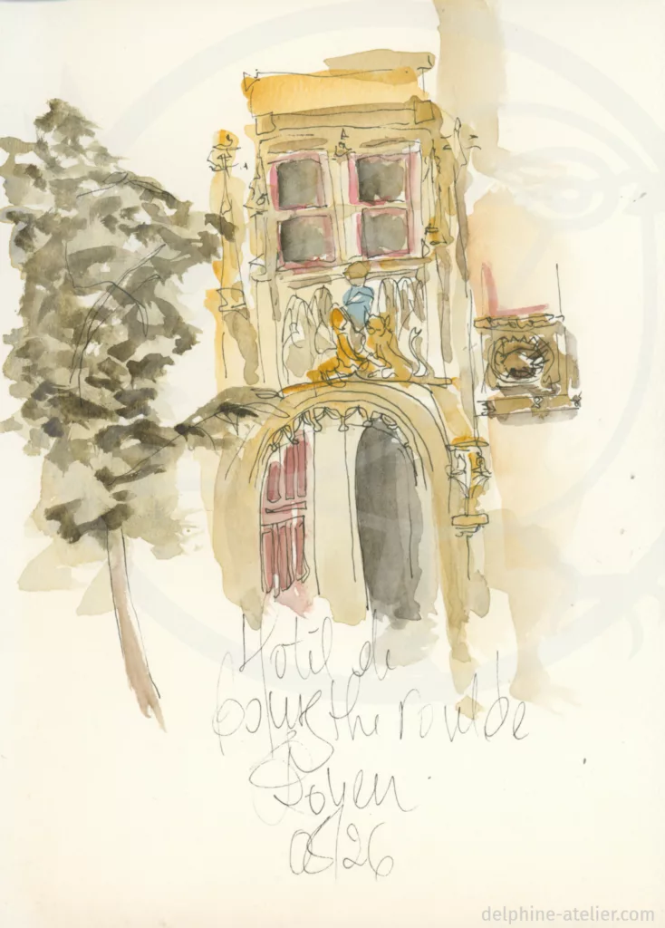 Croquis à l'aquarelle de l'entrée d'un bâtiment renaissance