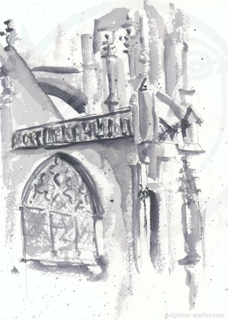 Croquis à l'aquarelle d'une architecture gothique