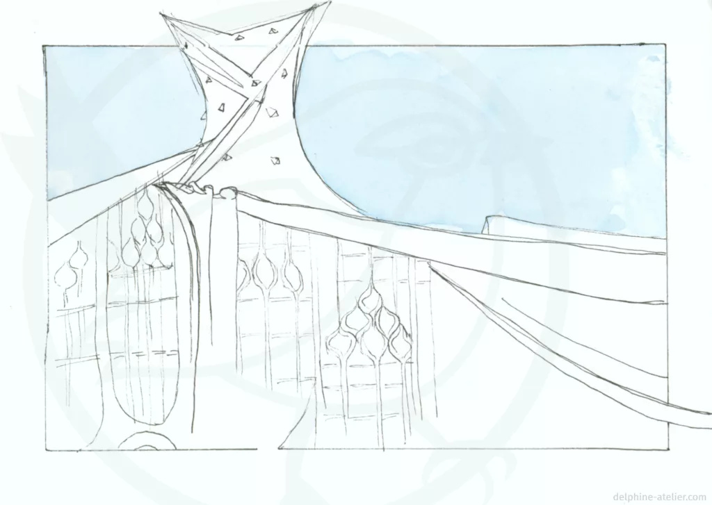 Croquis au stylo fin avec juste le ciel à l'aquarelle d'une église contemporaine