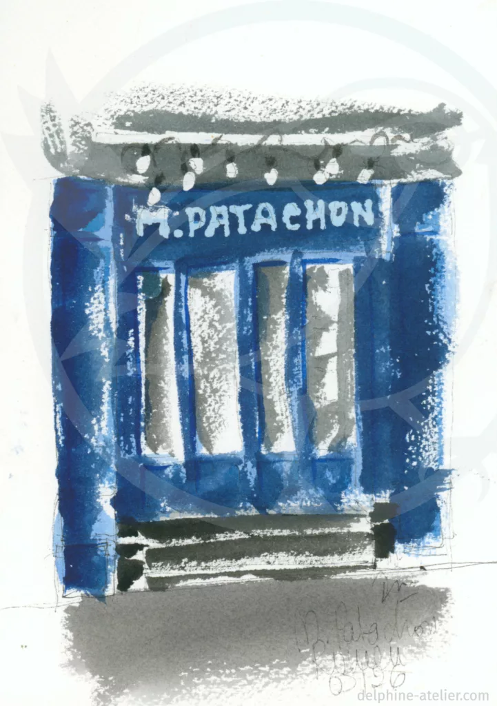 Croquis à l'aquarelle d'une devanture de restaurant fermé
