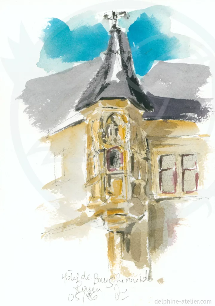 Croquis d'une échauguette à l'aquarelle