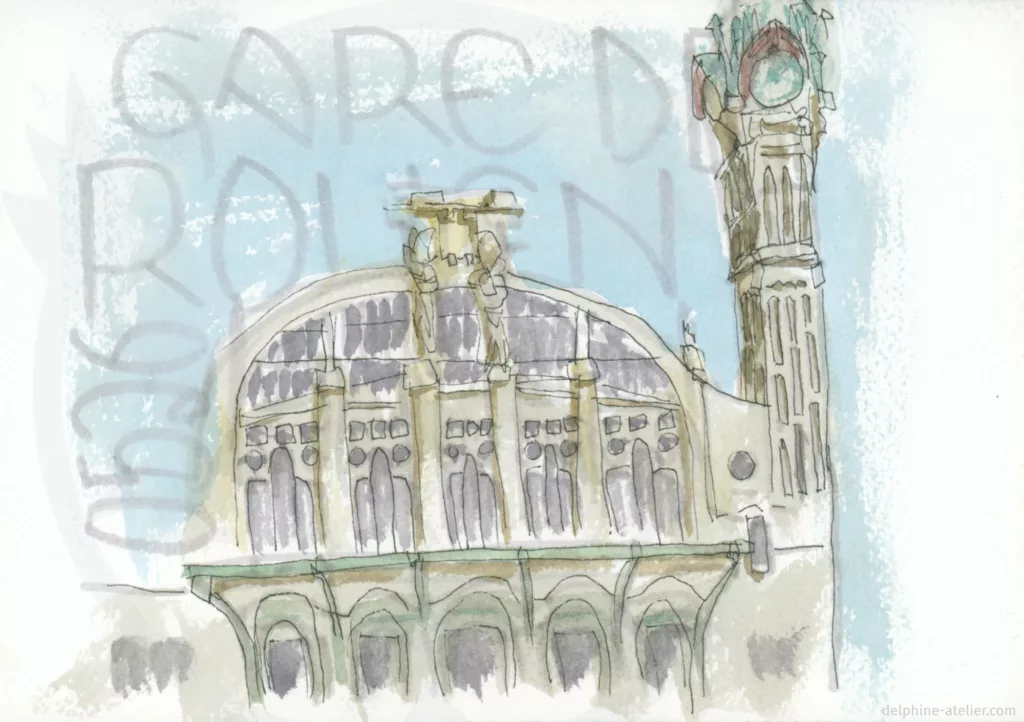 Croquis d'un bâtiment art déco avec une tour d'horloge et l'inscription "Gare de Rouen 0526"