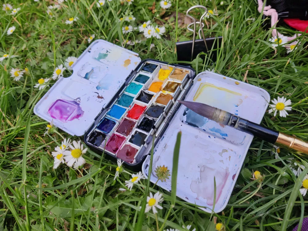 Une boîte d'aquarelle de vingt couleurs en cours d'utilisation comme en témoignent les taches et le pinceau, posée dans les pâquerettes à côté d'une pince de dessin