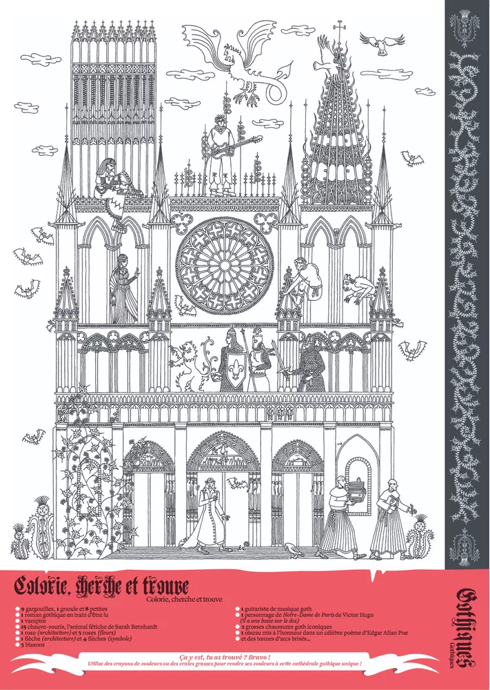 Dessin au trait d'une cathédrale gothiques avec de multiples ornements, des personnages et des créatures fantastiques